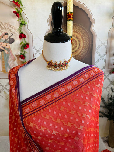 Banarasi Pure Cotton Saree | Red | Gold Zari | Handwoven | Ships from California